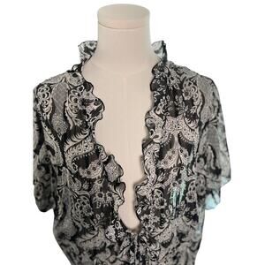 Venezia women 14/16 Sheer Blouse Black White Floral Ruffle Front Tie  Elegant
